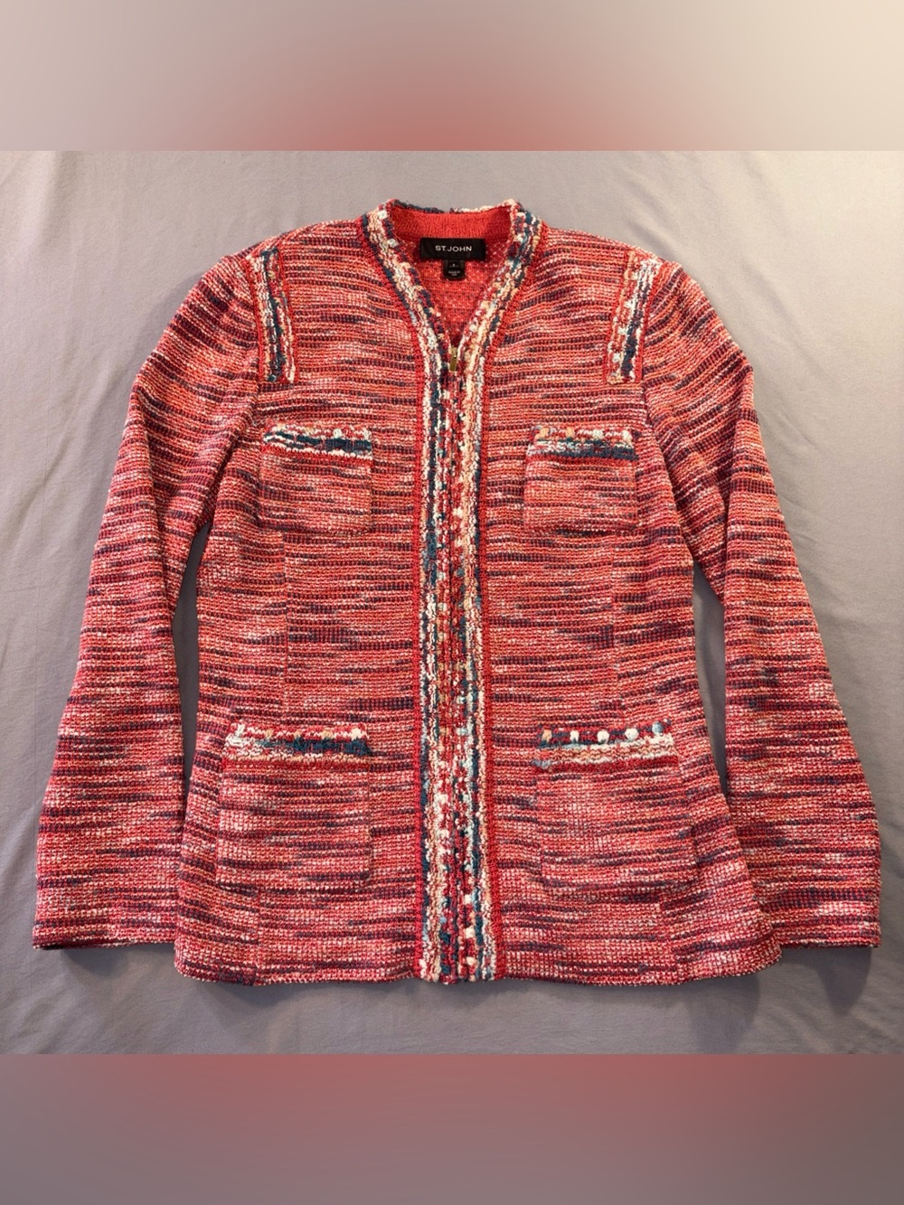 ST JOHN Knit Tweed Blazer Jacket Wool Multicolor Zip Sz 8 Designer Quiet Luxury